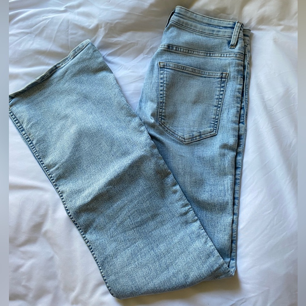 high rise light wash flare jeans